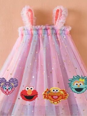 Sesame Street Girls Pink Purple Pastel Tulle Dress with Character Patches